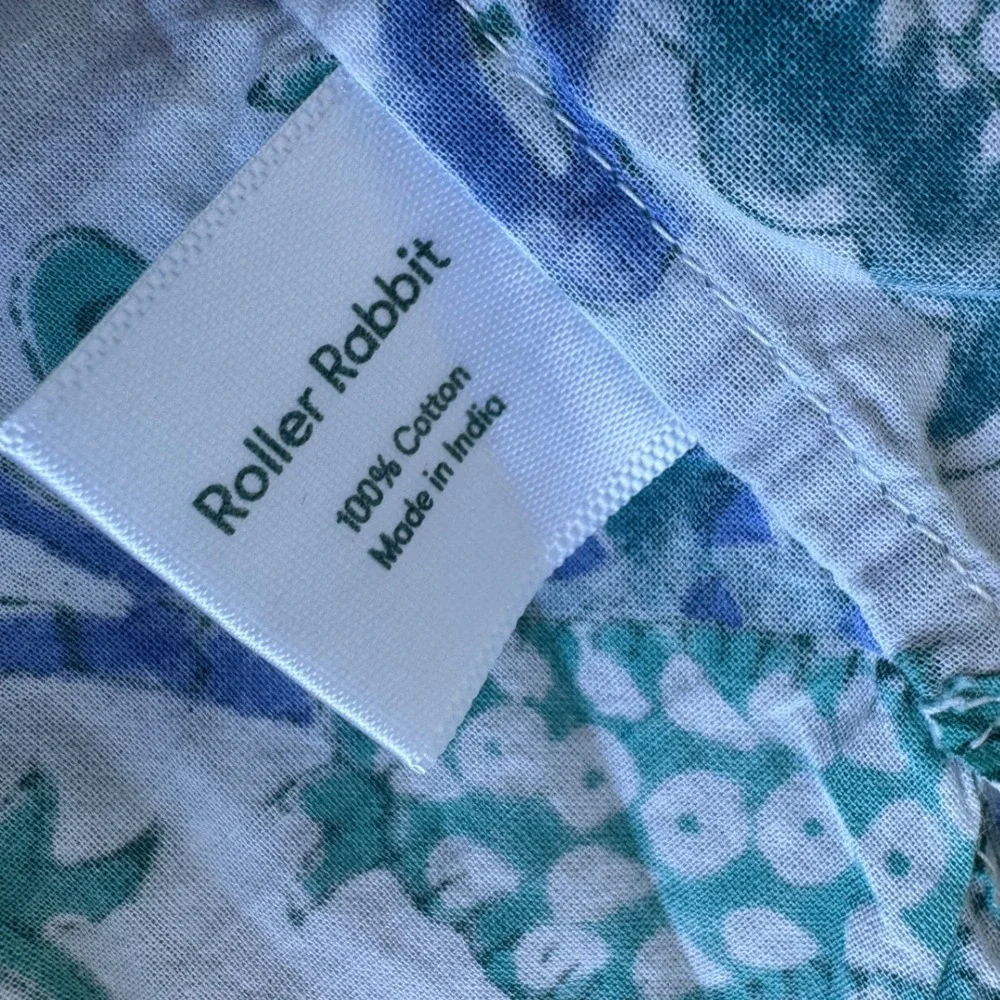 Roller Rabbit Blue Green Block Print Floral Cotton Pajama Top M Boho Prep pocket